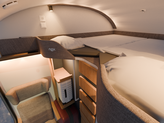 Ein breites Doppelbett, eine Sitzgelegenheit, ein Tisch: Die Simulation zeigt, wie der Double Loft Room im Nox-Nachtzug aussehen soll. Bett und Fahrkarte sollen 75 Euro kosten. Ein breites Doppelbett, eine Sitzgelegenheit, ein Tisch: Die Simulation zeigt, wie der Double Loft Room im Nox-Nachtzug aussehen soll. Bett und Fahrkarte sollen 75 Euro kosten.
