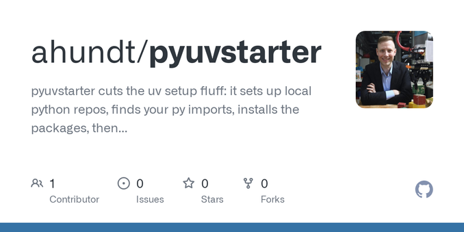 pyuvstarter cuts the uv setup fluff: it sets up local python repos, finds your py imports, installs the packages, then sets up uv .venv & vscode for you. - ahundt/pyuvstarter