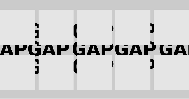A two-by-three grid of light gray boxes with spacing between. Behind them is a backdrop with the word gap repeated nine times.
