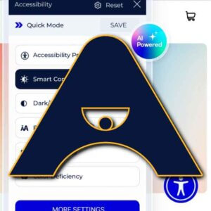 The Accesstive logo A modified to make the stylized dot in the eye of the eye look like a hooded, sad eye, which makes the arced cross-bar of the A look like frown; this is superimposed over the overlay with a colorful circle and text “AI Powered.”