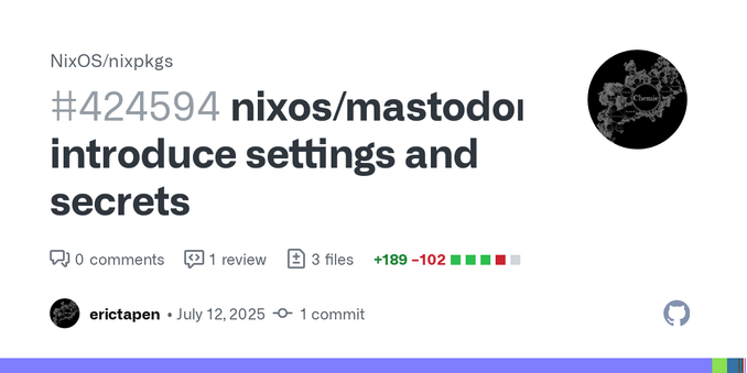 The Mastodon module provides an extensive abstraction over the Mastodon configuration interface. This makes it harder for people to migrate their Mastodon instance to NixOS, as basically for each s...