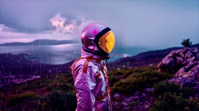 A person wearing a reflective astronaut helmet and suit stands outdoors in a surreal, dreamlike landscape. The helmet has a golden visor with a cracked pattern and pinkish reflections. The scene is set during what appears to be a rainy day, with raindrops visible in the air. The background features a mountainous terrain with lush greenery and a cloudy sky, giving the scene a mystical and otherworldly atmosphere.