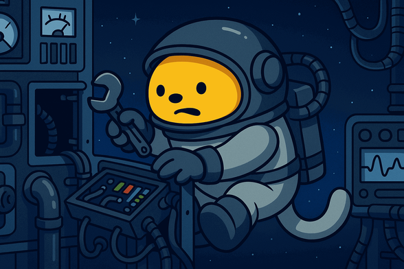 Cartoon-style Wapuu character in a spacesuit floating in space, holding a wrench while repairing a control panel with colorful indicators. Surrounded by cables, pipes, and machinery, the Wapuu looks intense as it works.