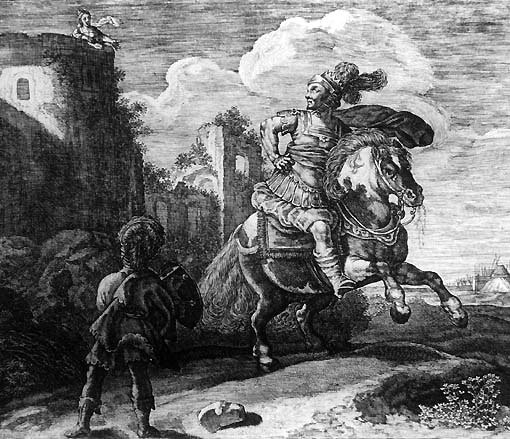 Gravure en noir et blanc du XVIIe siècle illustrant les Métamorphoses d'Ovide.
Devant un décor de château, Minos, en casque à panache et armure à jupette comme un héros de roman de 1650, se trouve sur un cheval cabré, deux sabots en l'air. Il regarde en arrière. En effet, sur un tour du château, une jeune femme tend les bras vers lui. Gravure en noir et blanc du XVIIe siècle illustrant les Métamorphoses d'Ovide.
Devant un décor de château, Minos, en casque à panache et armure à jupette comme un héros de roman de 1650, se trouve sur un cheval cabré, deux sabots en l'air. Il regarde en arrière. En effet, sur un tour du château, une jeune femme tend les bras vers lui.