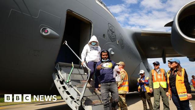 Deported migrants arrive from US in a military plane at Ramon Villeda Morales airport in Cortes, Honduras on 31 January 2025.