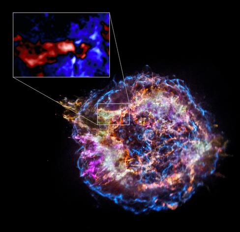 This graphic features data from NASA’s Chandra X-ray Observatory of the Cassiopeia A (Cas A) supernova remnant that reveals that the star’s interior violently rearranged itself mere hours before it exploded. The main panel of this graphic is Chandra data that shows the location of different elements in the remains of the explosion: silicon (represented in red), sulfur (yellow), calcium (green) and iron (purple). The blue color reveals the highest-energy X-ray emission detected by Chandra in Cas A and an expanding blast wave. The inset reveals regions with wide ranges of relative abundances of silicon and neon. This data, plus computer modeling, reveal new insight into how massive stars like Cas A end their lives.