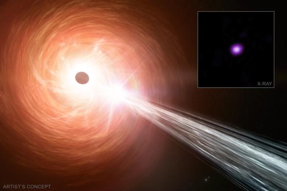 An artist's concept of a supermassive black hole, a surrounding disk of material falling towards the black hole and a jet containing particles moving away at close to the speed of light. This black hole represents a recently-discovered quasar powered by a black hole. New Chandra observations indicate that the black hole is growing at a rate that exceeds the usual limit for black holes, called the Eddington Limit.