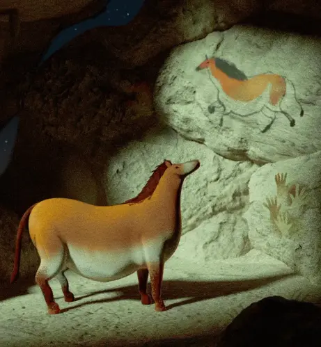 The piece charmingly captures a stout, chonky prehistoric wild horse (Equus ferus or Przewalski's horse) stumbling into a cave and gazing up at an ancient rock depiction of itself. It mirrors the iconic Chinese horse and hand stencils found in France's Lascaux Cave.