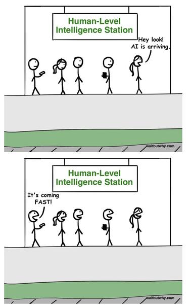 Zwei Comic-Bilder zeigen eine Warteschlange vor einer Informationsstation, die "Human-Level Intelligence Station" heißt, mit AI-Ankündigungen.