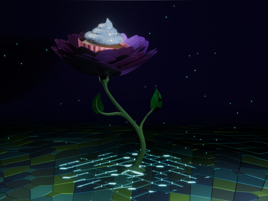 ein 3D Modell einer Blume mit violetter Blüte in deren Blüte ein Cupcake mit Streuseln ist. dort wo die Blume im Boden steckt windet sich ein glänzendes Geflecht aus blauen Ranken. in der Luft schweben magische hellblaue Funken.