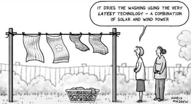 A woman with her friend, having hung up her clothes to dry on an outside washing line

"IT DRIES THE WASHING USING THE VERY LATEST TECHNOLOGY A COMBINATION OF SOLAR AND WIND POWER"