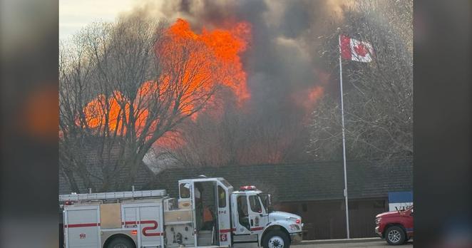 A grass fire near Elk Island National Park and the Ukrainian Heritage Cultural Village east of Edmonton on April 18, 2025.