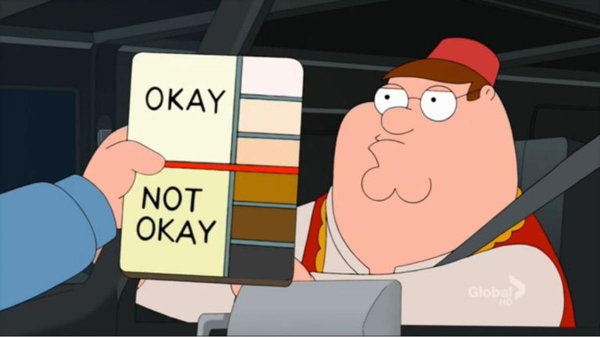 Scena dal cartone animato “Family Guy”. Una mano regge una cartella colori accanto al viso del personaggio Peter Griffin, la cui pelle è sui toni del rosa. Nella cartella colori, le tre sfumature assimilabili alle pelli più chiare (dal bianco al rosa pallido) sono indicate come “OKAY”, mentre le tre che indicano tonalità di pelle più scure (dall’olivastro al nero) sono indicate come “NOT OKAY”.