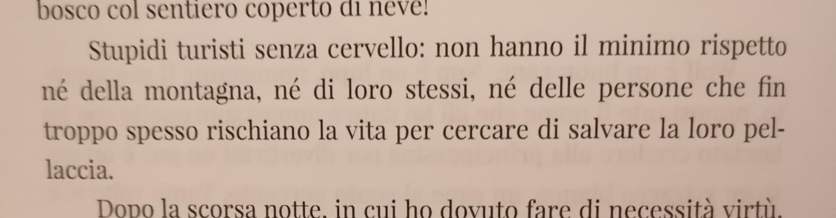 Estratto dal romanzo. " Stupidi turisti senza cervello: non hanno il minimo rispetto né della montagna, né di loro stessi, né delle persone che fin troppo spesso rischiano la vita per cercare di salvare la loro pellaccia".