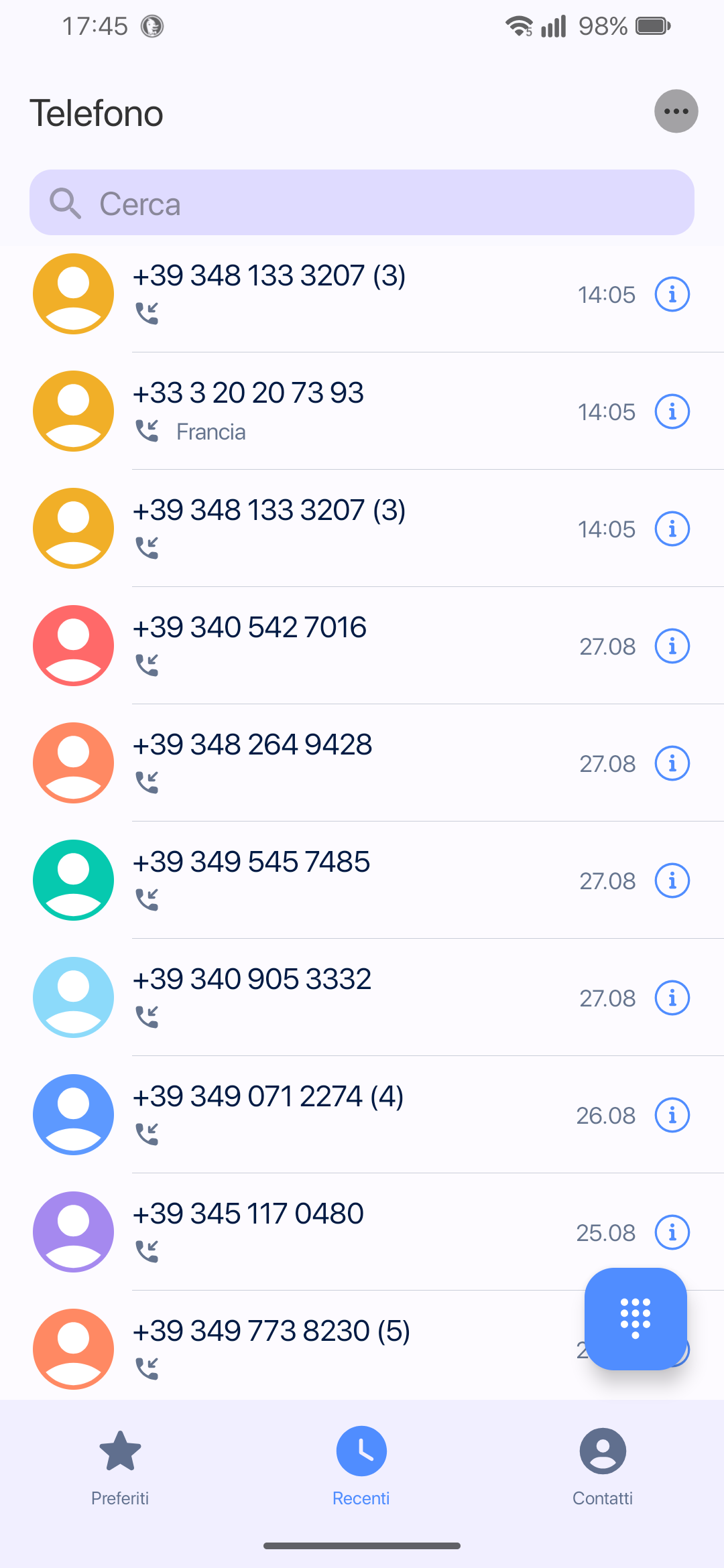 Screenshot delle chiamate ricevute del mio telefono. Una lista di numeri sconosciuti che appartengono a call center. 