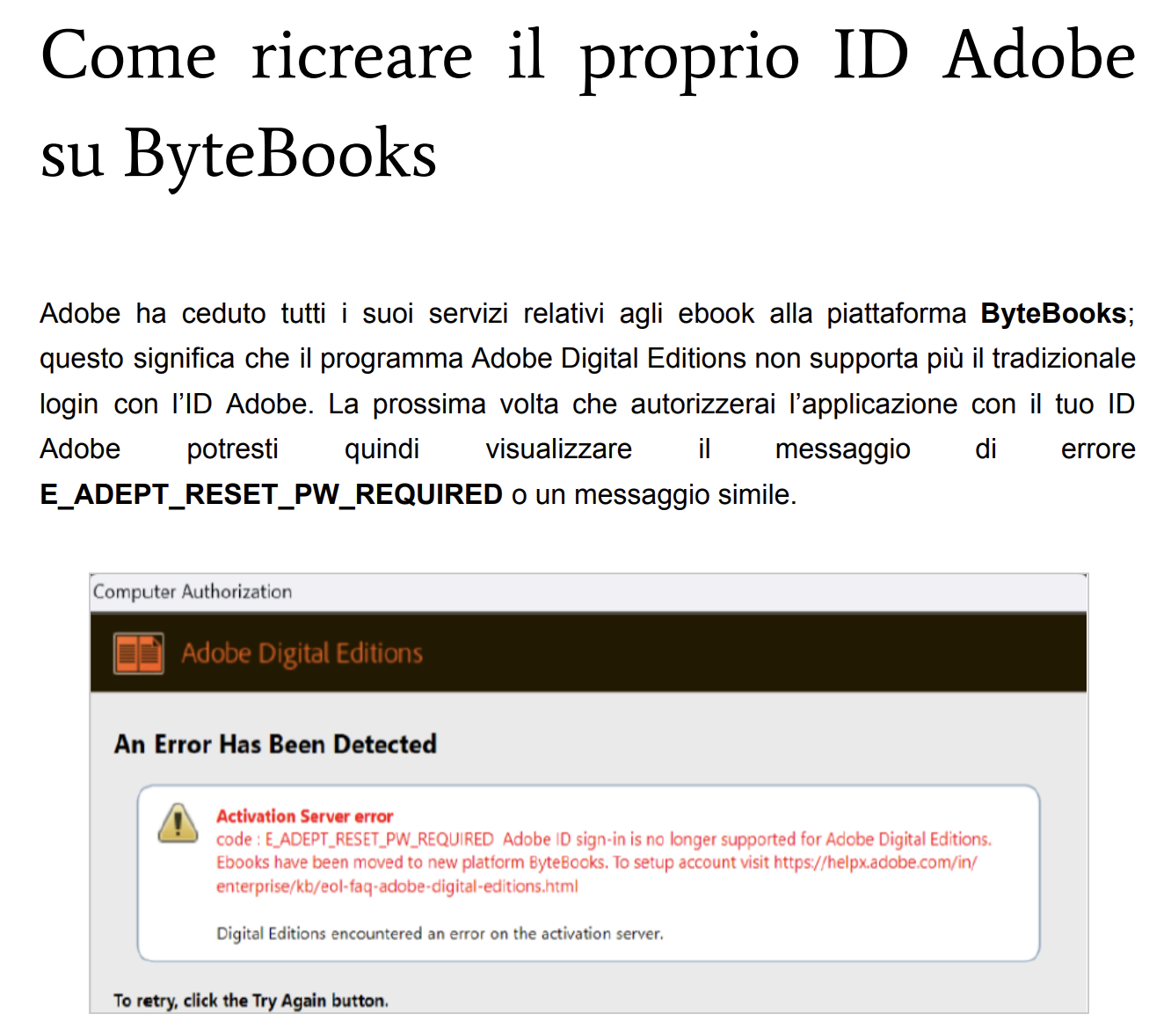 messaggio che indica che adobe ha ceduto tutti i servizi di gestione ebook e DRM a bytebooks