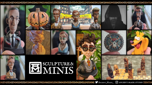 Canvas de sculptures réalisées en argile polymère ou en impression 3D (sculpture depuis Blender et Sculptris) avec notamment HP Lovecraft, des totems d'enquêteurs pour Cthulhu, buste Harry Potter.