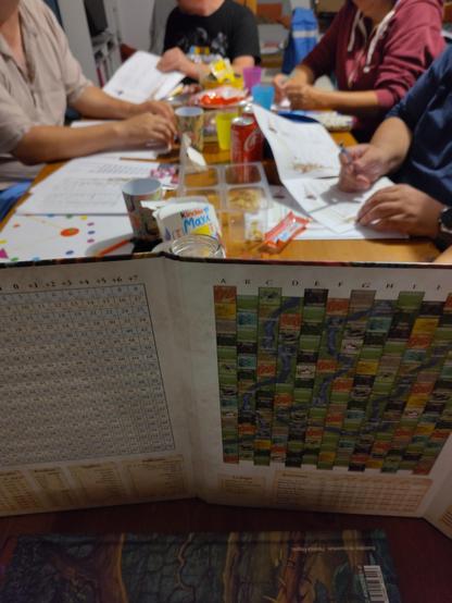 Écran de maître du jeux et derrière une table avec des joueurs partiellement visible.