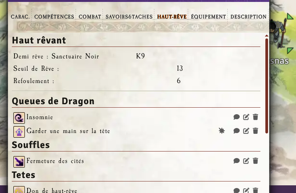 Capture d'écran de foundry vtt avec du rdd dedans, l'onglet Haut-Rêve pour être précis.