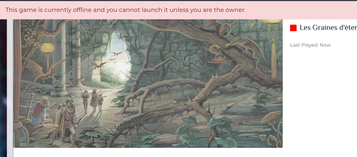 Capture d'écran du jeu offline sur forge-vtt car le MJ procède à une mise à jour.