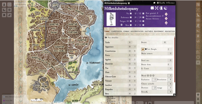 Capture d'écran d'une partie de Foundry. Comme on peut le voir le fond est la carte de la citée de Spasme, en avant plan mon Personnage, Millot, un cuisinier magicien.