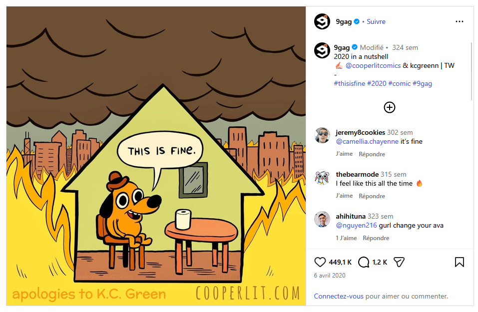 Le meme de This is Fine mais un peu différent puis la maison du personnage n'est pas en feu, c'est la ville qui brûle. Il fait parti d'un post Insta posté par 9gag