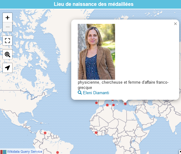 Carte des lieux de naissance des médaillées d'argent du CNRS. On voit mise en avant Eleni Diamanti, physicienne franco-greque, récompensée en 2024 par ce prix.