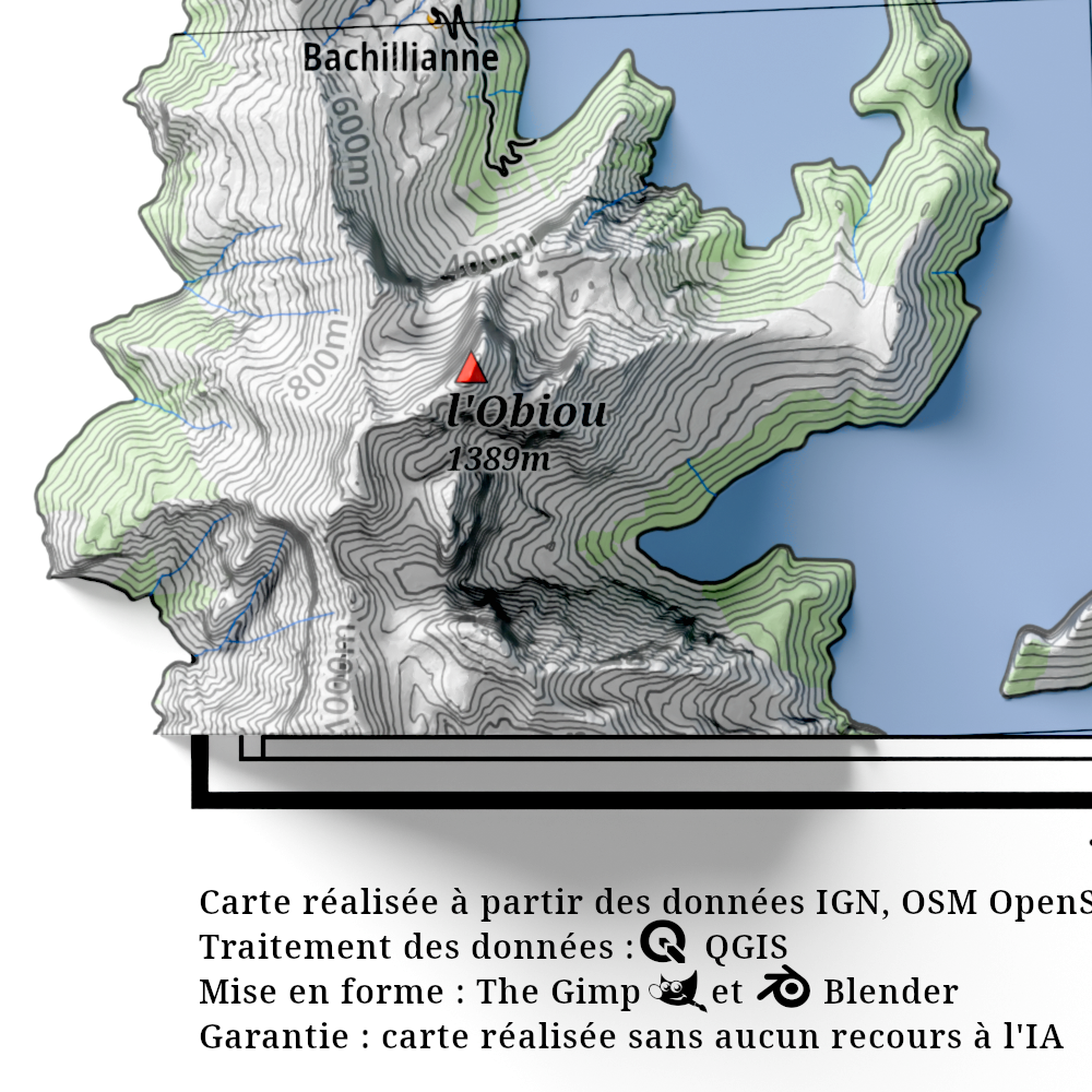 Affiches d'une carte géographique de l'ouest du massif de l'OIsans, avec un niveau de la mer à 1400 mètres au-dessus du niveau réel. L'image montre un détail où il est écrit : carte réalisée sans aucun recours à une intelligence artificielle.