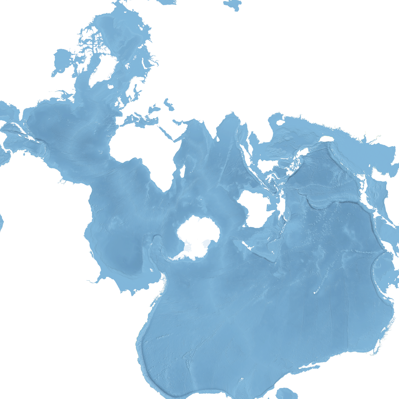 World map using the Spilhaus projection. The oceans are in blue, showing the the sea floor. The continents are in white, without any detail.