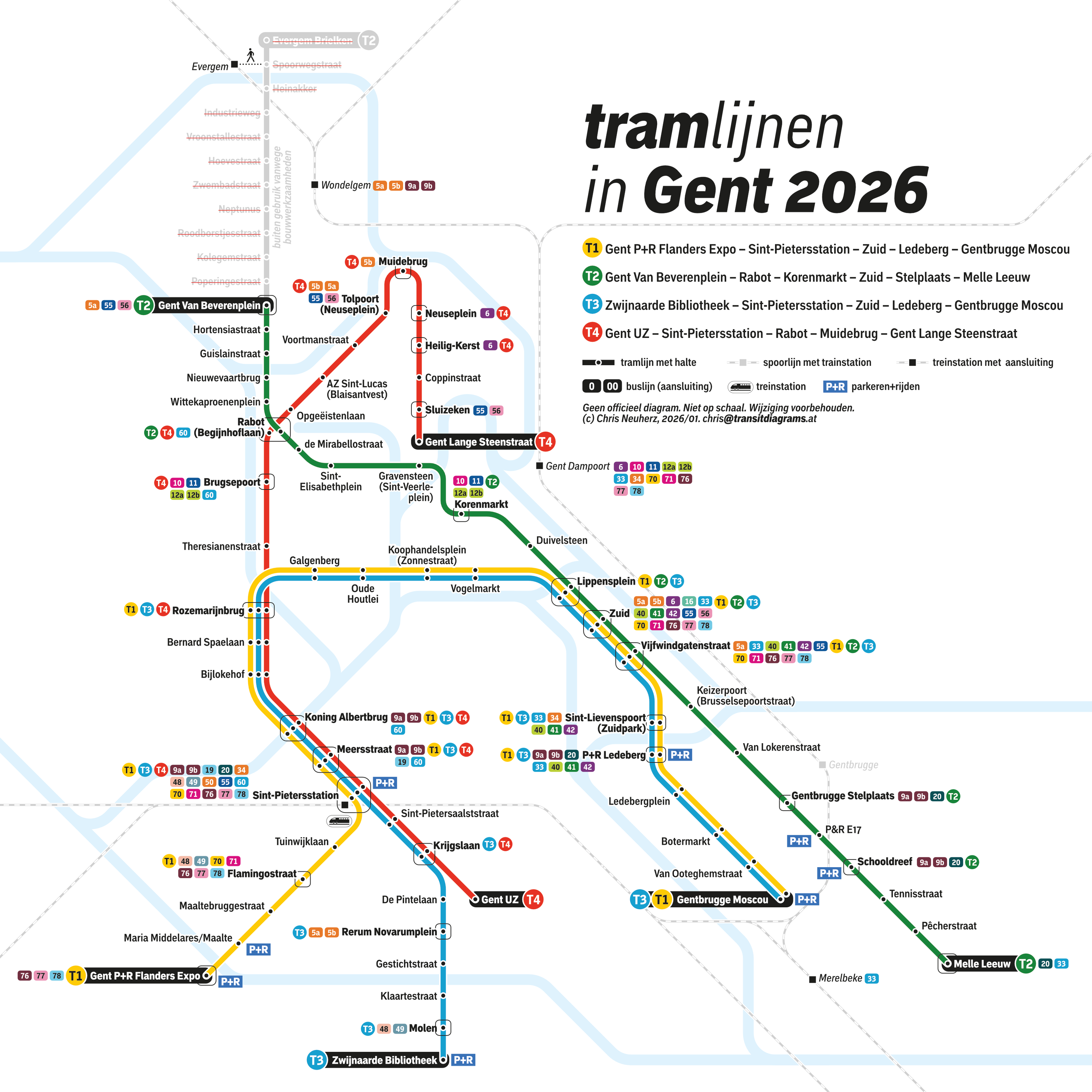 Schematic tram network map of Ghent, Belgium, showing the 2026 network layout. The map displays tram lines T1 to T4 as distinct colored lines with clearly marked termini and interchange stops. The layout is abstracted for clarity. Bus routes are not drawn; bus connections are indicated only as interchange information at selected stops.
