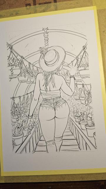 Ink drawing of a woman in tiny booty shorts, sampling her home grown produce.
