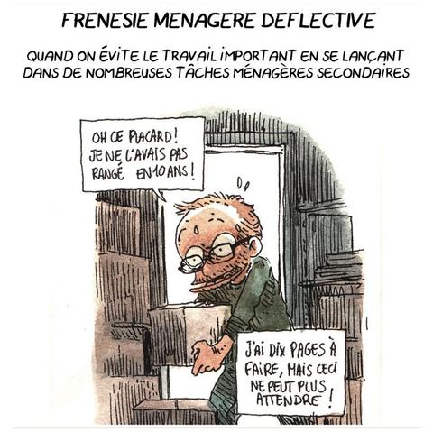 FRÉNÉSIE MÉNAGÈRE DÉFLECTIVE

Quand on évite le travail important en se lançant dans de nombreuses tâches ménagères secondaires.

(On voit Boulet ranger des cartons, en sueur)
Boulet: "Oh, ce placard ! Je ne l'avais pas rangé en 10 ans ! J'ai dix pages à faire, mais ceci ne peut plus attendre !"