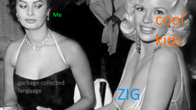 Iconic picture of Sophia Loren looking at Jayne Mansfield's breasts. In lime green, next to Sophia it says "Me". In orange, next to Jayne, it says "cool kids". In dull grey, over Sophia's bust it says "garbage-collected language" while in bright blue, over Jayne's bust, it says "Zig"