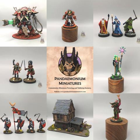 Composite grid of 9 images: l-r, t-b: Chaos Knight Abominant (GW); Chaos Terminator (GW); Yastromo, Nicodemus and Chadda Darkmane from Fighting Fantasy (Blue Giant Studios); Vampire Hunters (Bad Squiddo Games); My logo, designed by Lost Haven Art, with my web address www.pandaemoniumminiatures.com; Necron character (GW); Hundred Kingdoms Crusaders (Para Bellum Wargames); Scratchbuilt blacksmith's house; Hundred Kingdoms Neophyte (Para Bellum Wargames)