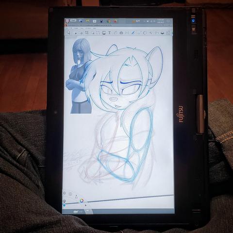 Photo of my Tablet PC Thingie. On screen is a bit more work done on the mouse girl from before. This time, I have the help of a little 3D pose model I whipped up in "Magic Poser" to kinda' sorta' match the original pencils. It sits off on the upper left. The mouse girl has a pair of very sketchy arms without her hands as I'm still debating how I want them to look. They are red for the right and blue for the left to help visualize things better.