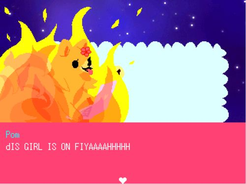 screenshot from "pom gets wifi" depicting the main character on fire with her quote: dIS GIRL IS ON FIYAAAAHHHH