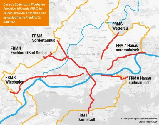 Übersichtskarte von Frankfurt und dem Umland mit eingezeichneten Streckenverläufen der Radschnellwege
