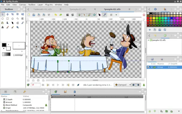 🕶️ A view of its user interface (taken from the author's website) with the image being animated in the center, and the drawing tools and timeline on either side.

📚️ Synfig Studio is a libre, multiplatform 2D animation software that enables designers to create cinema-quality animations from vector and bitmap images without having to create intermediate images, resulting in higher-quality 2D animations with fewer resources. In particular, it offers the ability to transform any vector shape into another (with automatic calculation of intermediate images, the same for bitmap images after applying a “skeleton”), it enables linking the parameters of different layers directly or through mathematical expressions, and it provides over 50 layers for creating complex illustrations and animations.