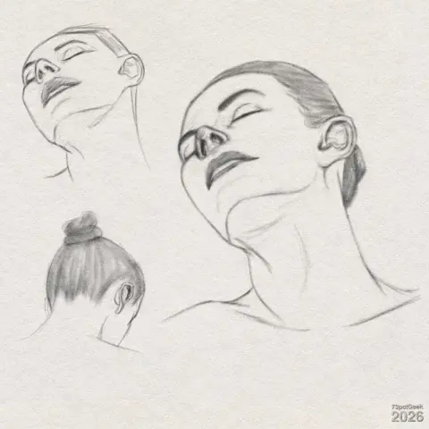 Digital graphite study of a woman’s head and neck. The larger sketch on the right shows a head tilted back with eyes closed, a shaded nose and mouth, one ear visible, and hair pulled into a low bun; her neck and upper shoulders are lightly outlined. In the top left is a smaller, obvious first attempt at the larger sketch. In the bottom left is a rear view of a head showing the bun and hair, and the back and side of an ear, and the back of the neck. Watermarked: 73pctGeek 2026.