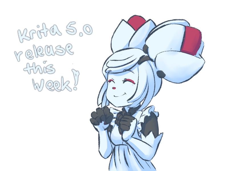 Kiki, the Krita mascot, smiles broadly and clenches her fists in excitement, as she's accompanied by the text 'Krita 5.0 release this week!'