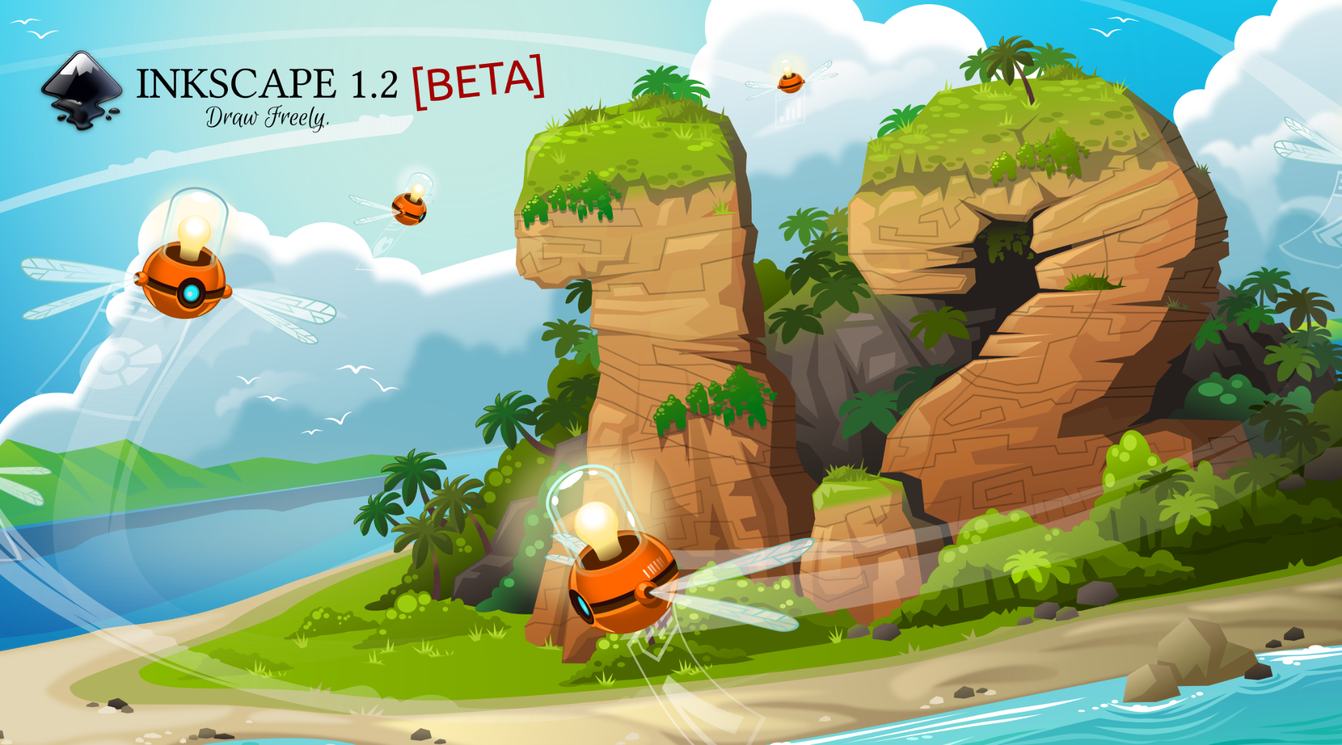 Inkscape 1.2 About Screen with a tropical island with rocks in the shape of a '1.2' and multiple flying drones symbolizing creative ideas. Text: Inkscape 1.2 Beta, Draw Freely.