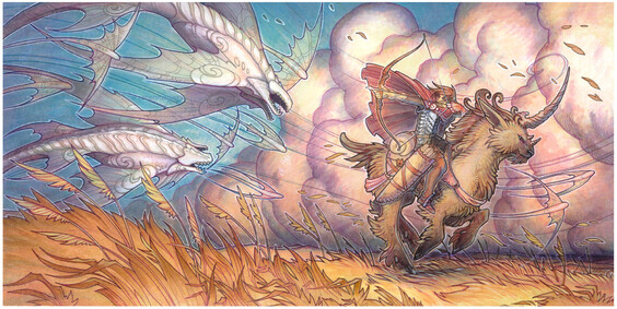 A traveler with bow and arrow riding an unicorn-like deer, hunting wind dragons in the storm plains