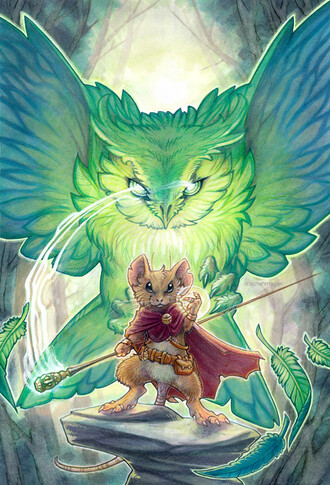 A mage mouse summoning a huge glowing-green owl