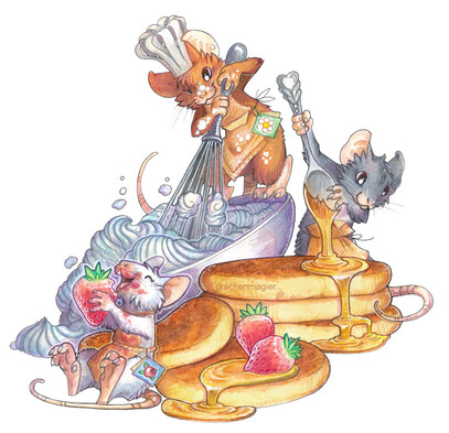 Three mice baking pancakes while eating the decoration and making a mess out of the cream 