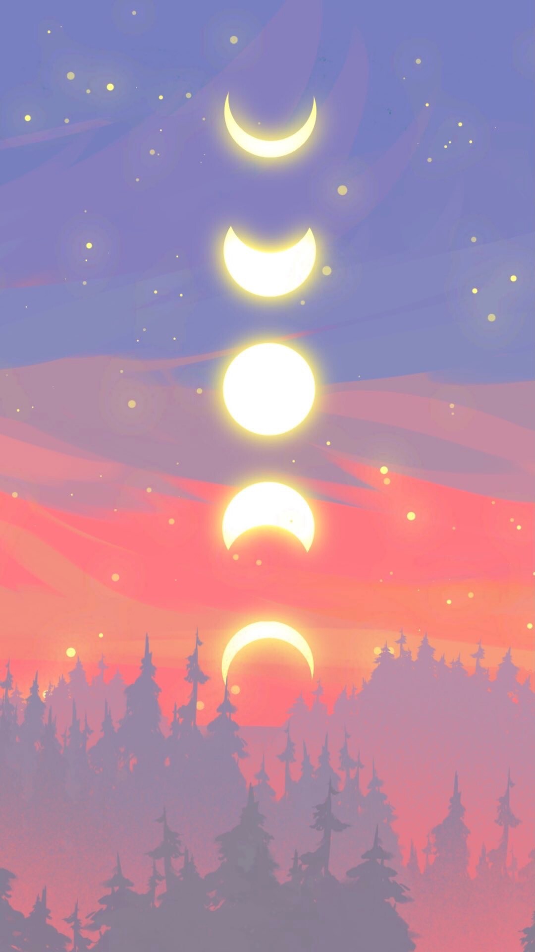 A digital painting of 5 moons arranged vertically across the red, orange, and blue sky above the pine trees