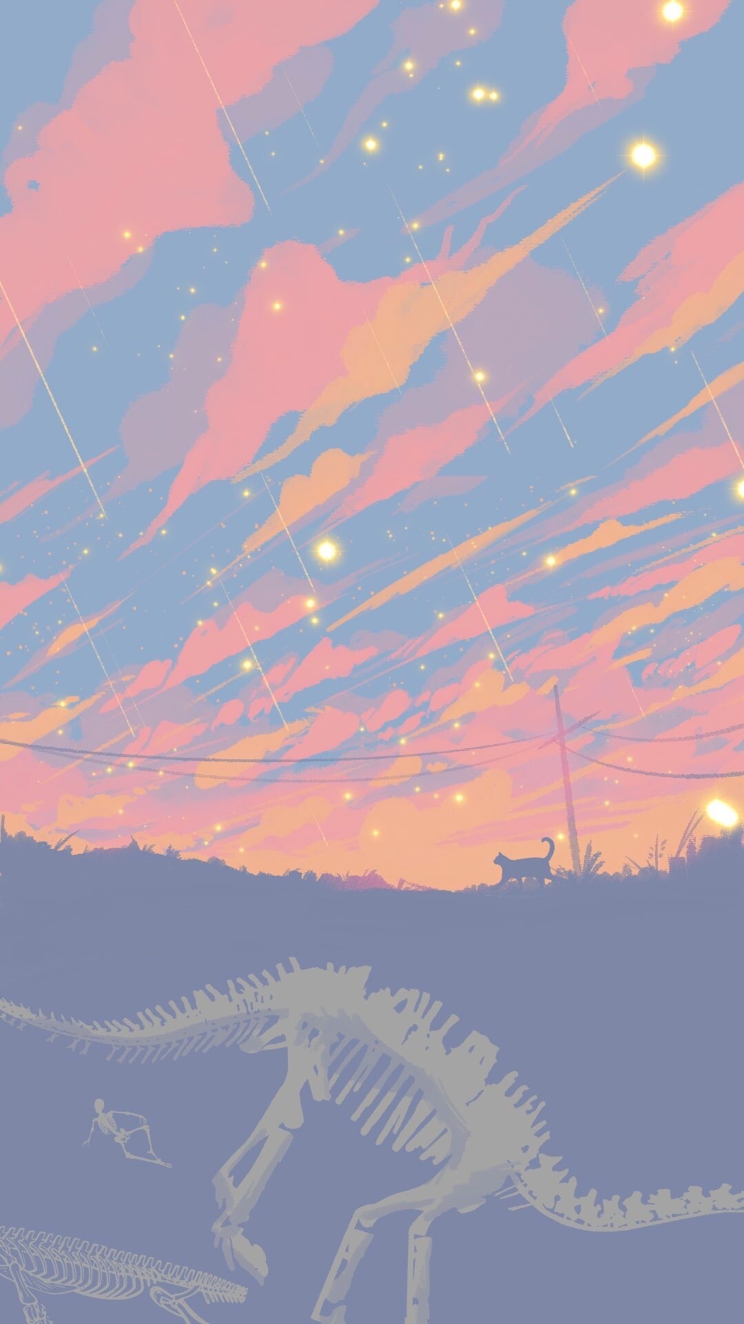 A digital painting of the orange and pink skies across the blue sky above the ground with a cat and dinosaur fossil underneath