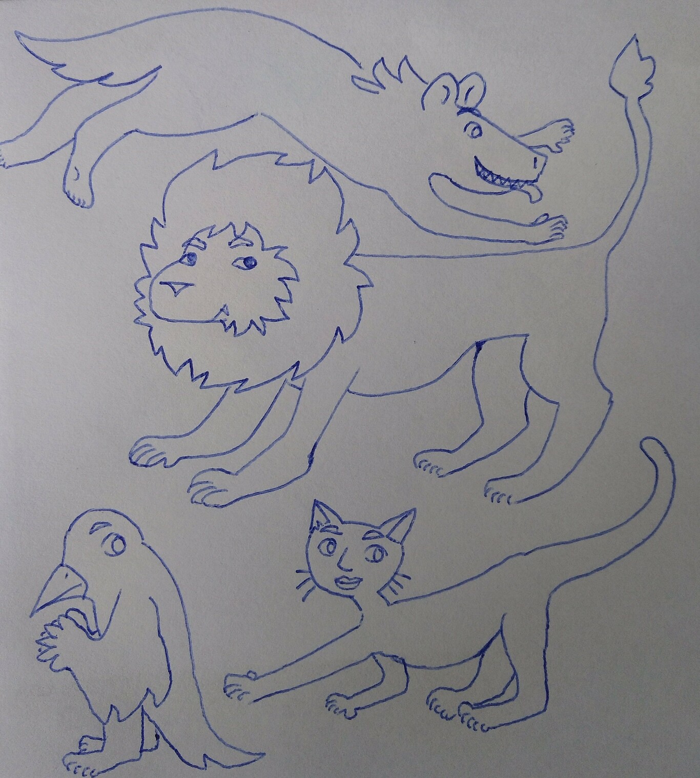 ballpen sketches of four animals. A dog  jumping over a lion. Below a bird which honds its wing-hands together like an evil mastermind and a cat which is stretching. All have human hands and feet. All have eye brows. The cat even has a human nose and lips.