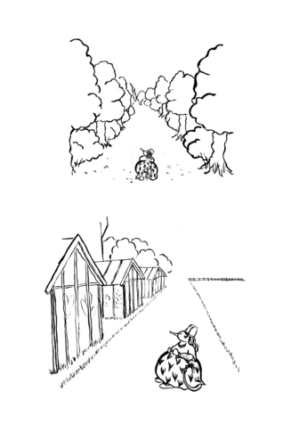 Two frames from the comic Ängsull the Troll. In the first frame Ängsull is walking through a tree avenue in the Flakeborg castle park. In the second she's pondering the greenhouses in the park.