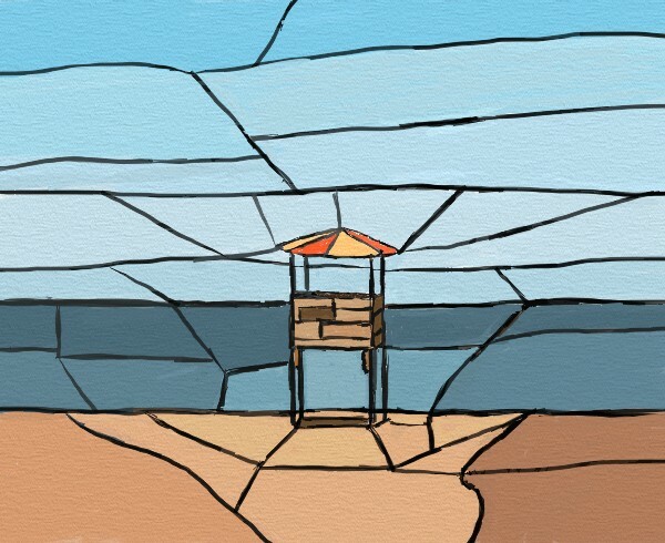 A small wooden coastguard platform on a beach, right at the water's edge.  For some inexplicable reason the artist has drawn black lines around the different areas of colour, to give an effect vaguely reminiscent of a stained glass window.