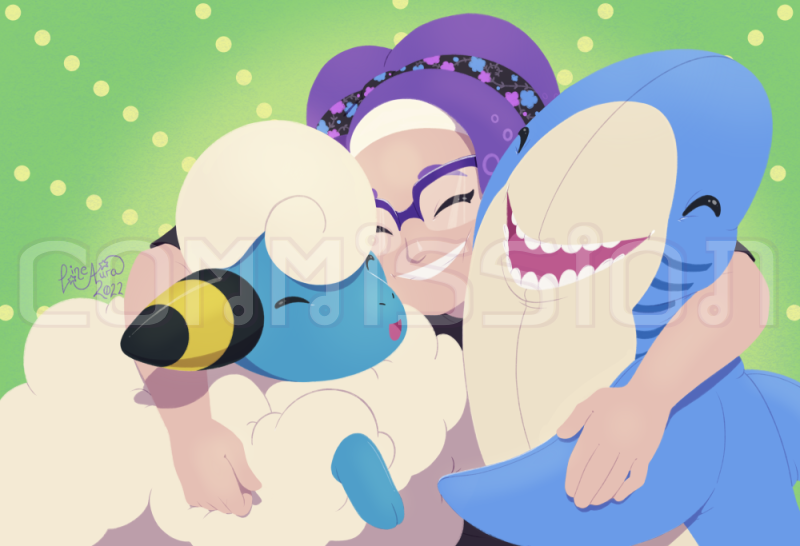 A cute illustration of a Mareep from Pokémon, an Octoling from Splatoon, and a Blahaj (aka an Ikea Shark) all in a group hug.